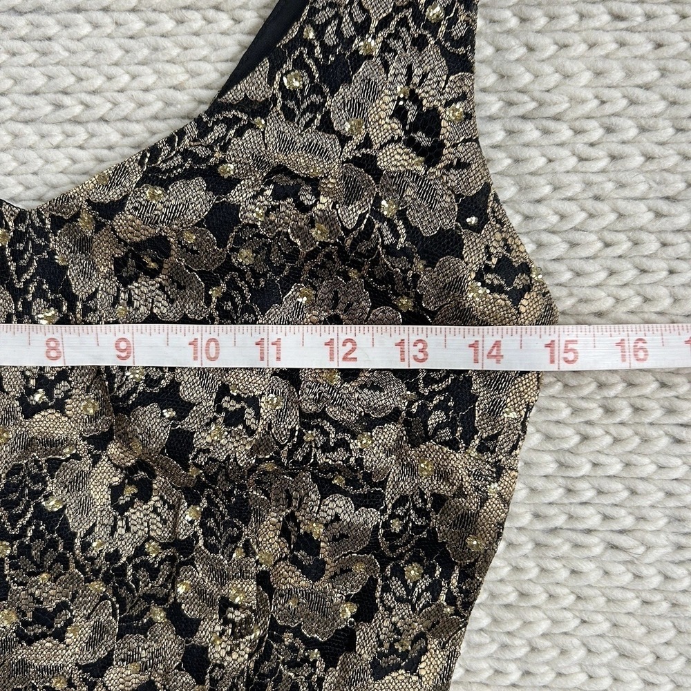 Mica Sleeveless Black Lace Cocktail Dress Sz 4 Sheath Gold Metallic Event Formal - Picture 14 of 16